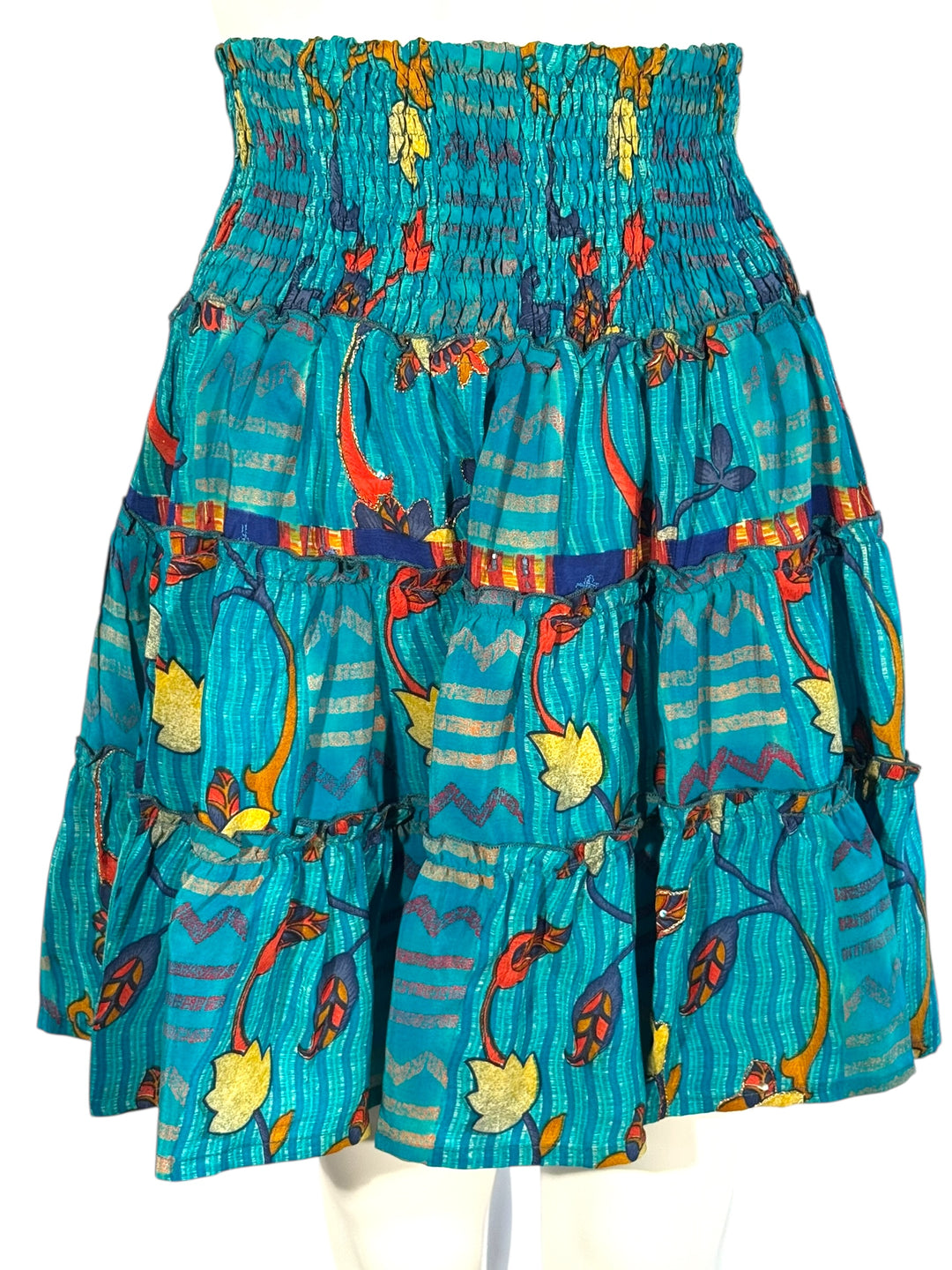 Katie Skirt by Silk Ranch in bright blue and colorful floral print, elastic waist and tiers, Vintage silk and cold water washable