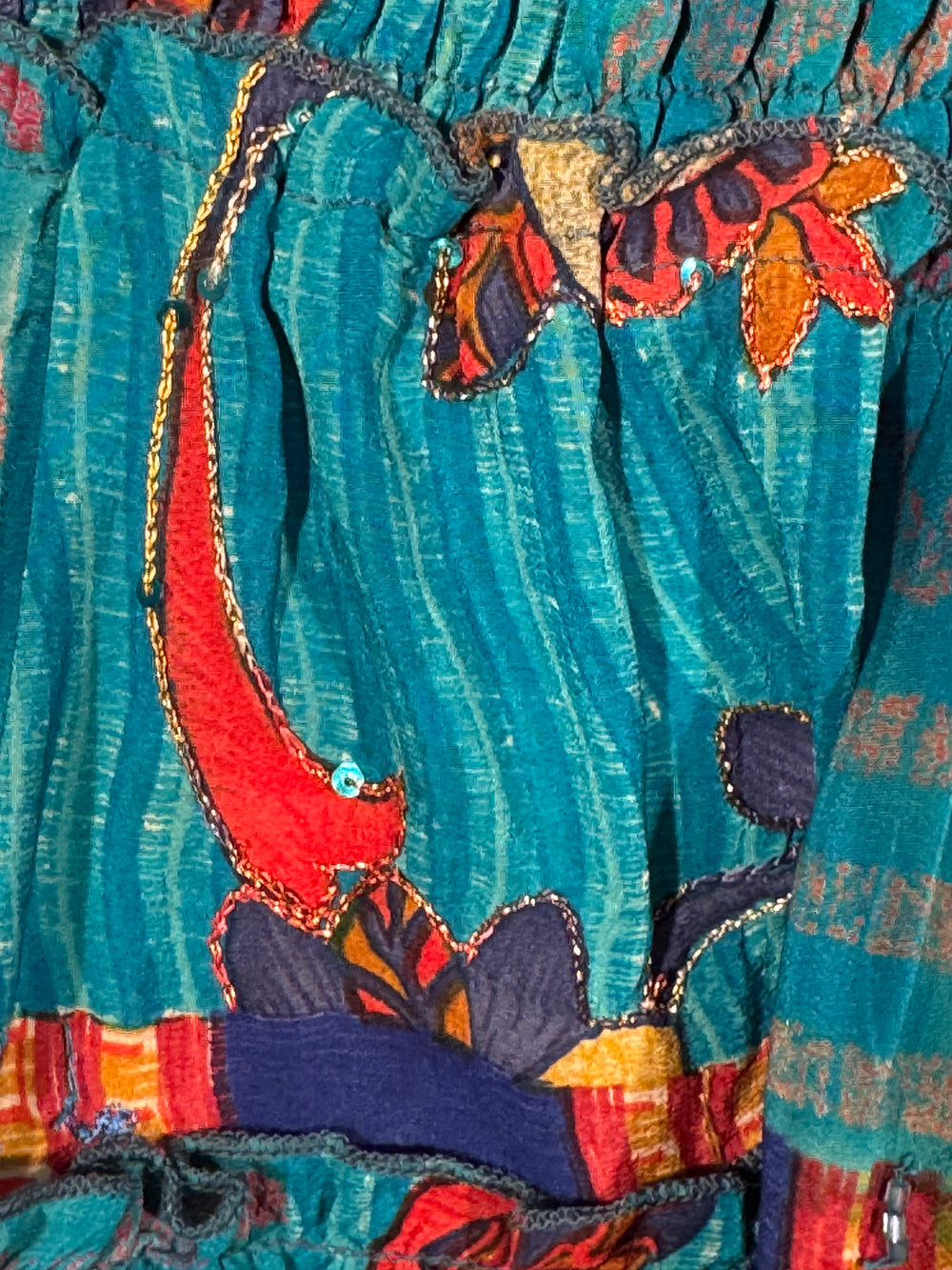 Katie Skirt by Silk Ranch in bright blue and colorful floral print, elastic waist and tiers, Vintage silk and cold water washable