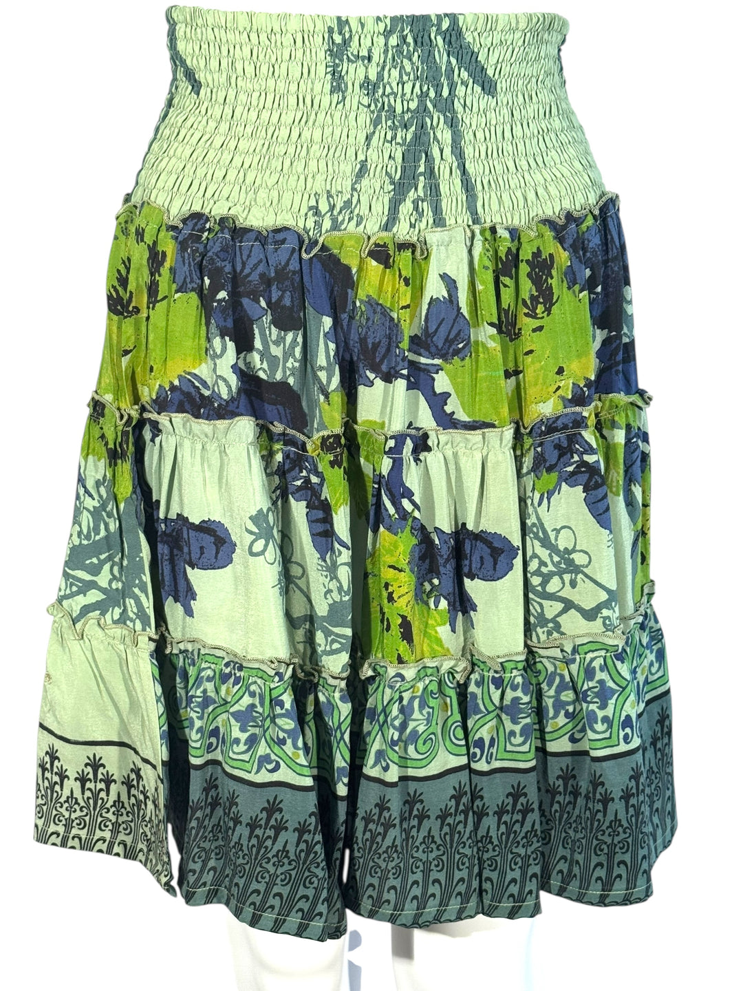 Katie Skirt by Silk Ranch in light green and blue print, elastic waist and tiers, Vintage silk and cold water washable