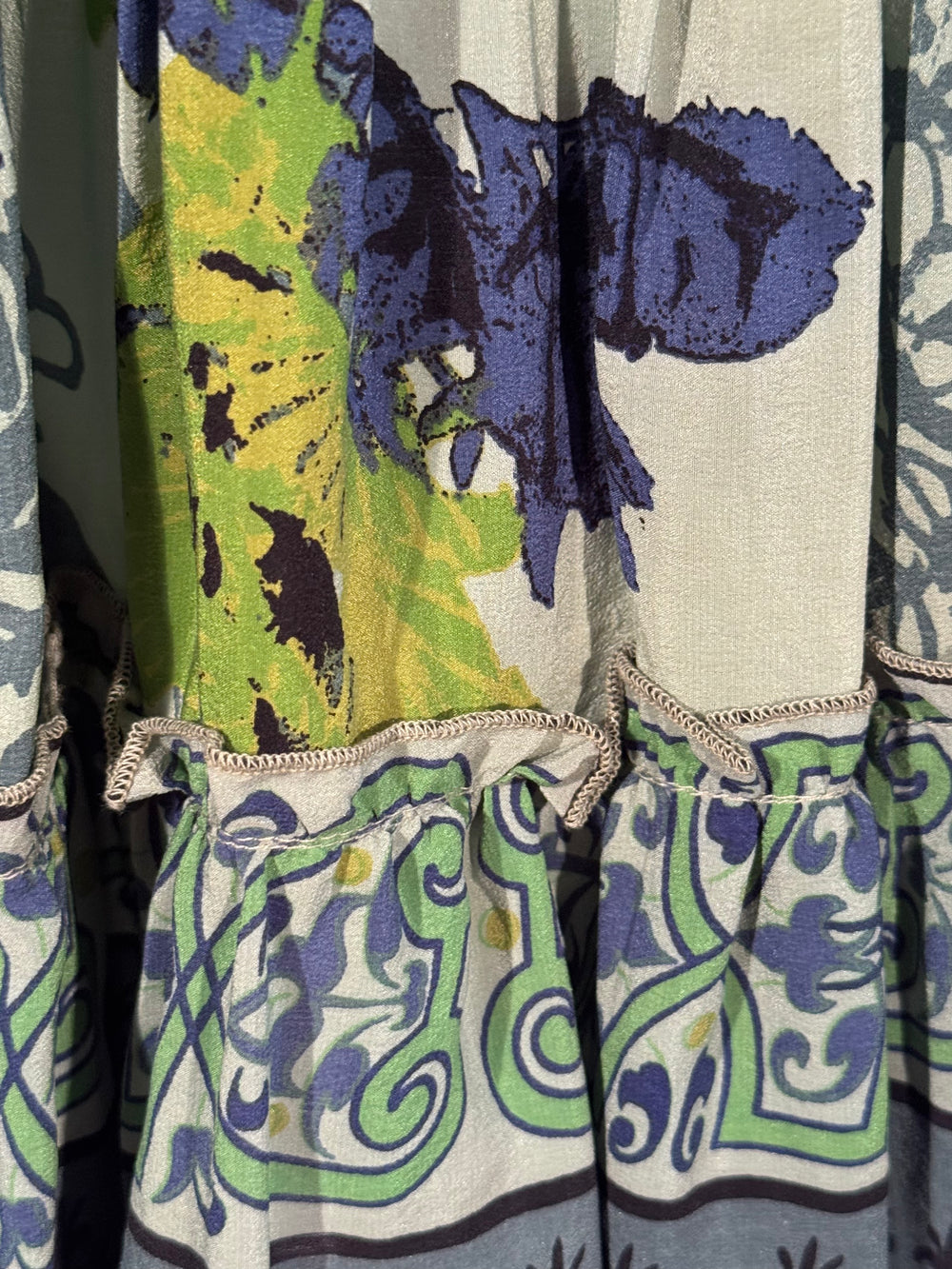 Katie Skirt by Silk Ranch in light green and blue print, elastic waist and tiers, Vintage silk and cold water washable