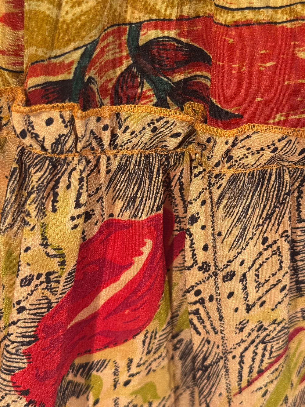 Katie Skirt by Silk Ranch in tan with red and yellow print, elastic waist and tiers, Vintage silk and cold water washable