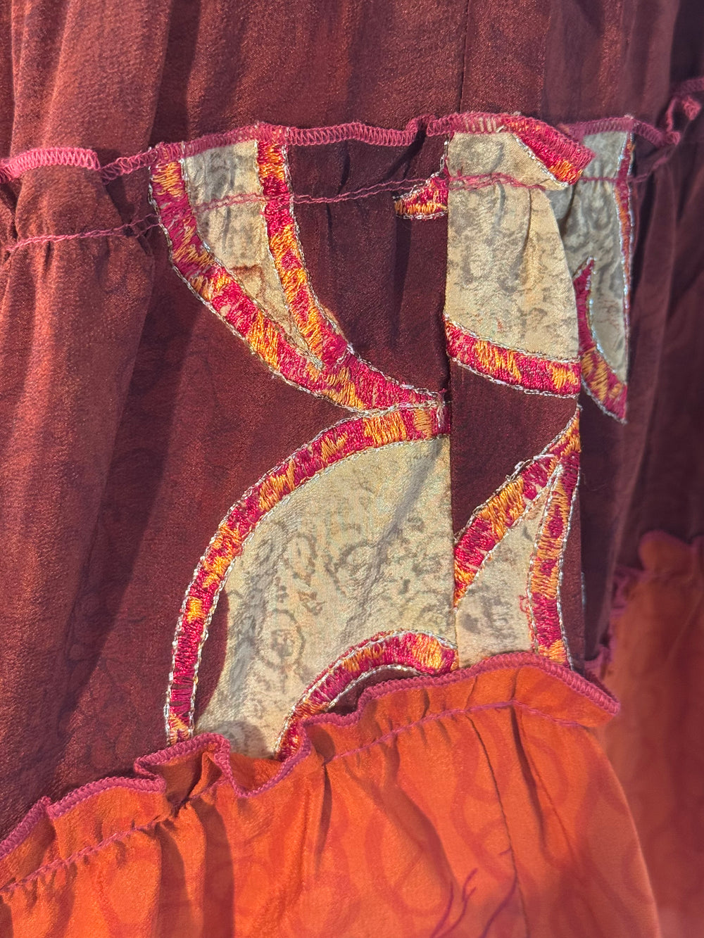 Katie Skirt by Silk Ranch in orange and  print, elastic waist and tiers, Vintage silk and cold water washable