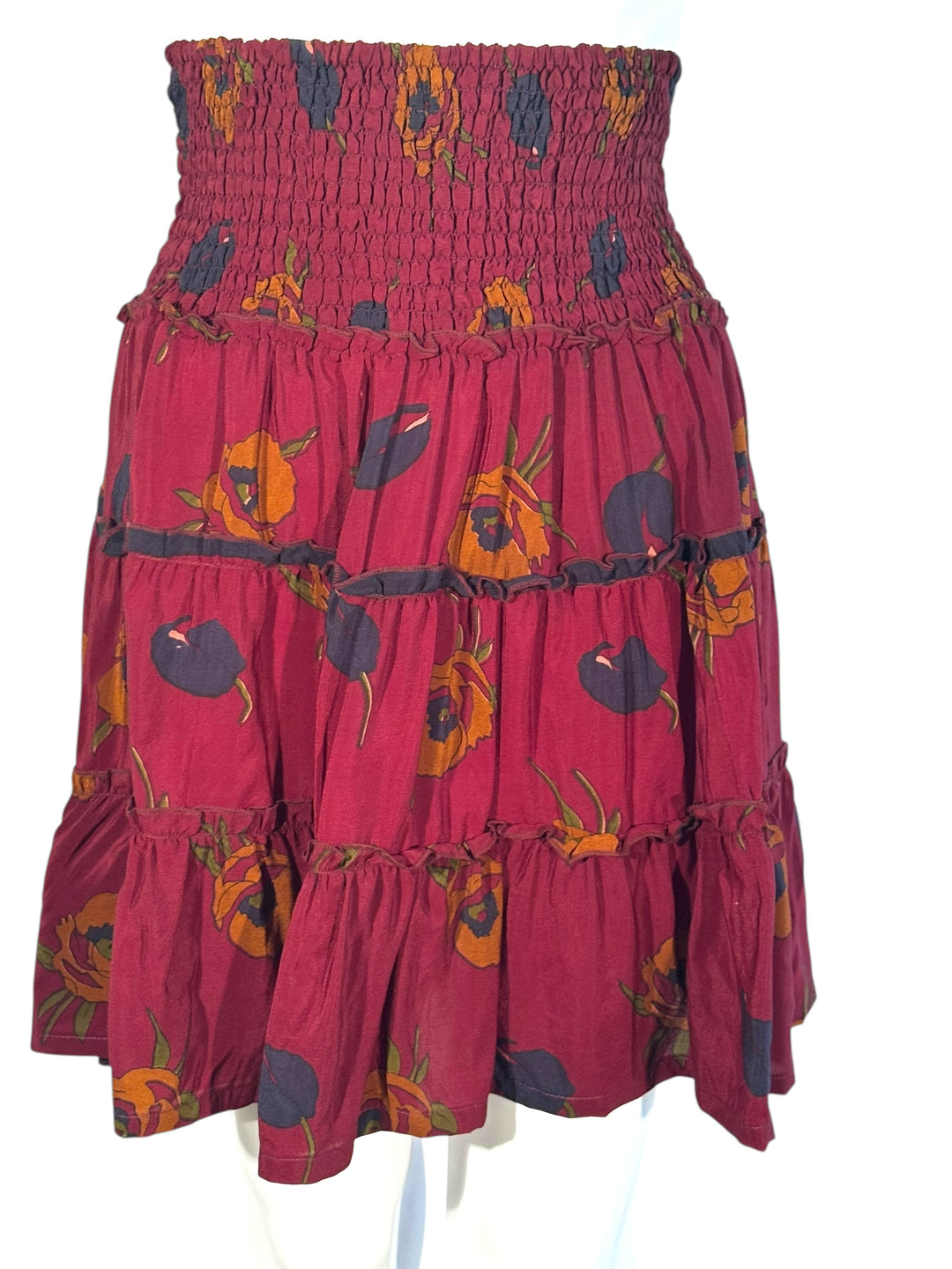 Katie Skirt by Silk Ranch in deep, burgundy red and blue print, elastic waist and tiers, Vintage silk and cold water washable