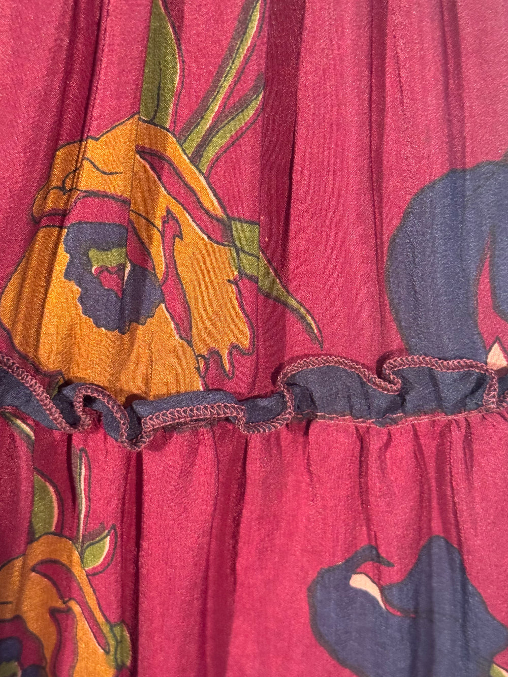 Katie Skirt by Silk Ranch in deep, burgundy red and blue print, elastic waist and tiers, Vintage silk and cold water washable