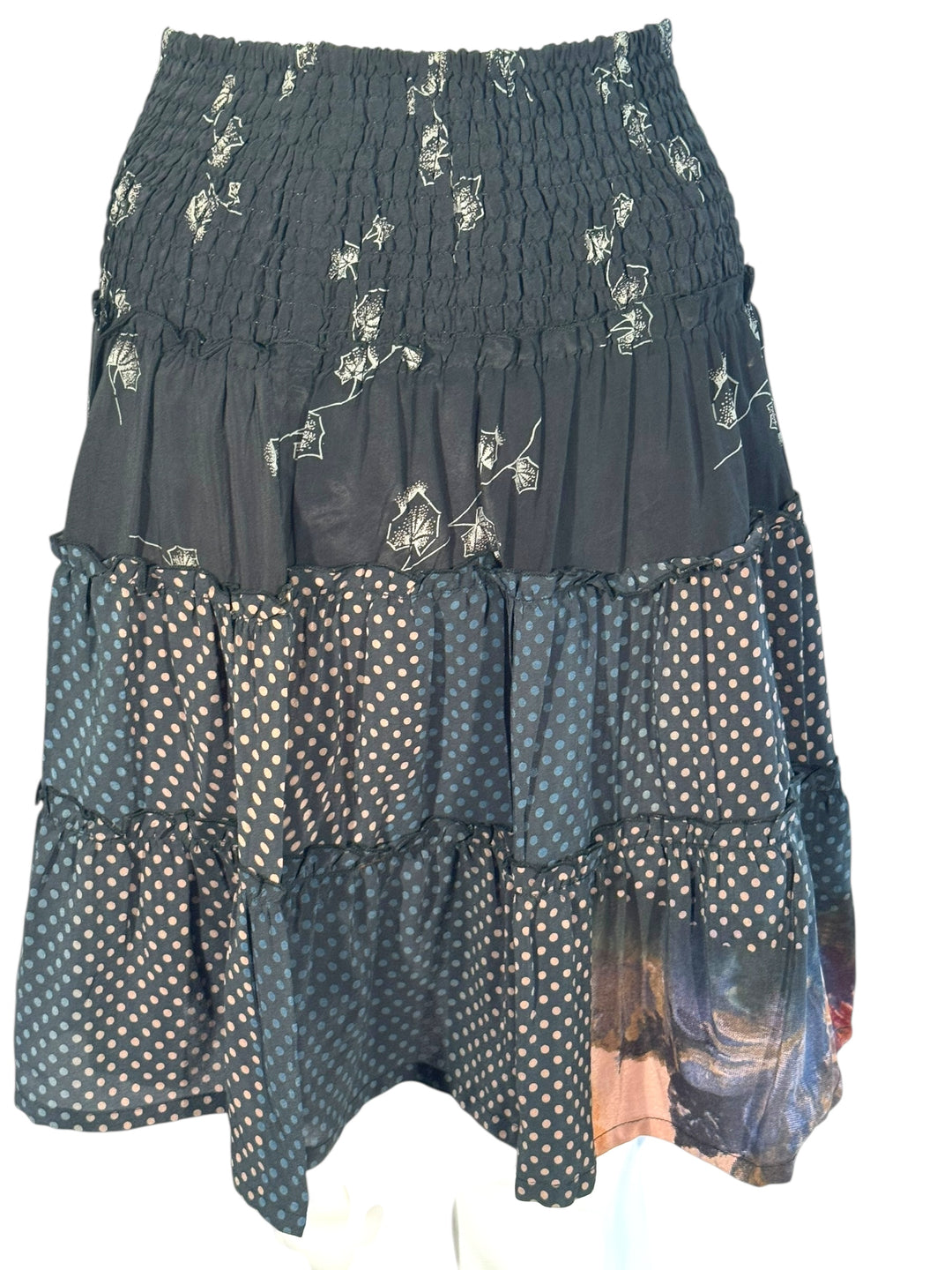 Katie Skirt by Silk Ranch in muted black print, elastic waist and tiers, Vintage silk and cold water washable