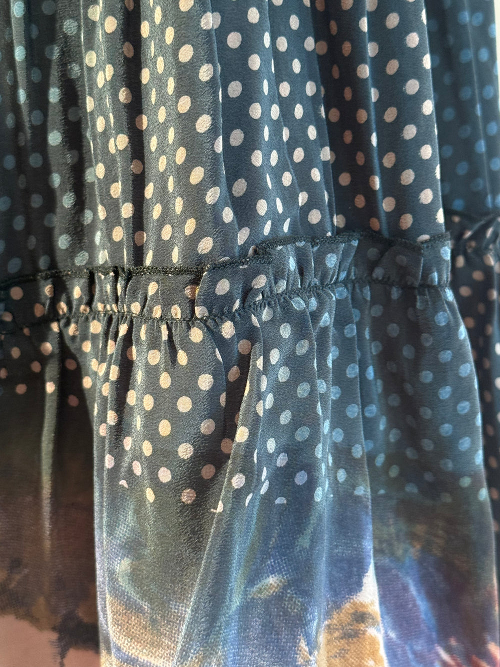 Katie Skirt by Silk Ranch in muted black print, elastic waist and tiers, Vintage silk and cold water washable
