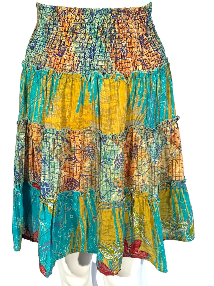 Katie Skirt by Silk Ranch in bright blue and gold print, elastic waist and tiers, Vintage silk and cold water washable