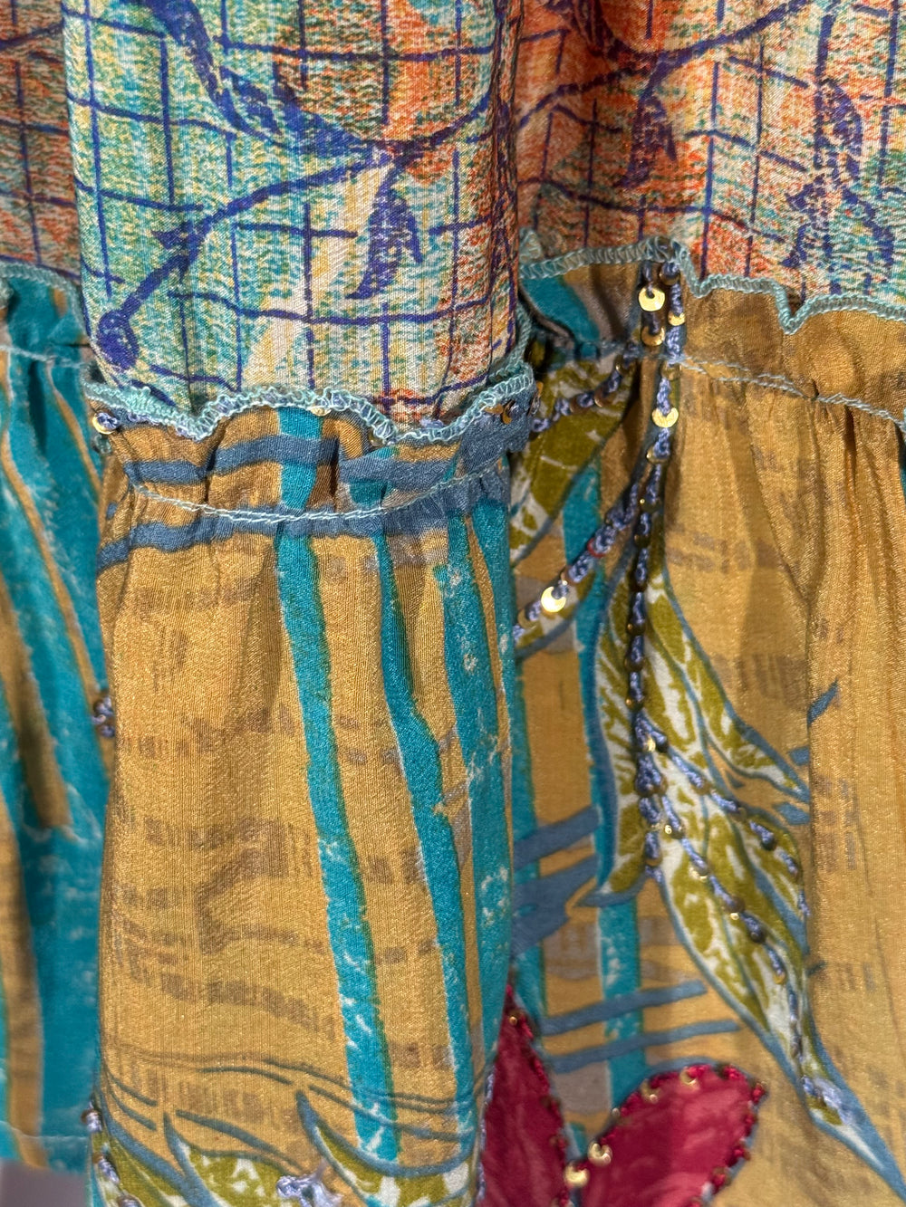 Katie Skirt by Silk Ranch in bright blue and gold print, elastic waist and tiers, Vintage silk and cold water washable