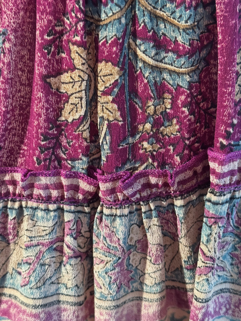 Katie Skirt by Silk Ranch in muted purple floral and paisley print, elastic waist and tiers, Vintage silk and cold water washable
