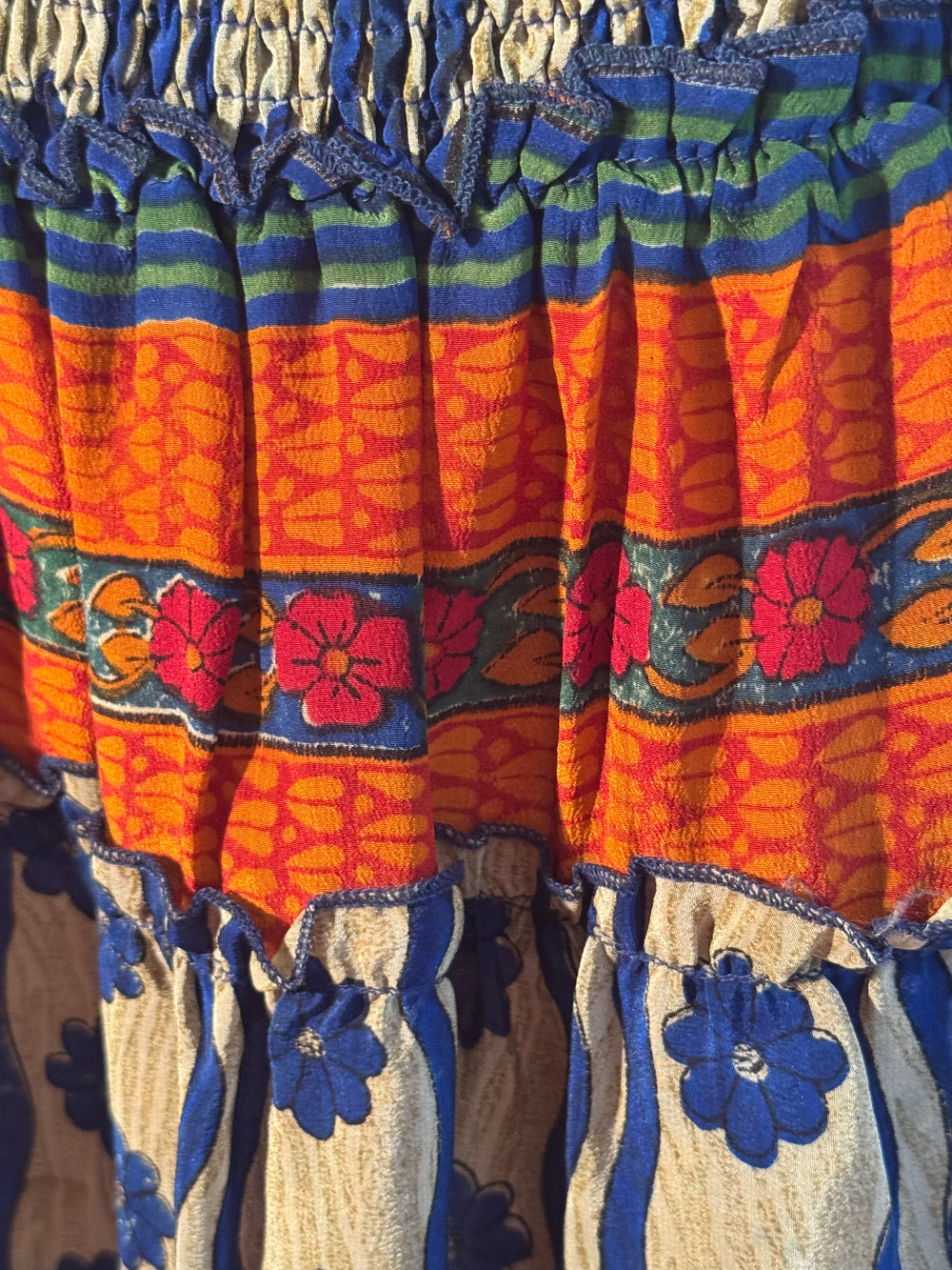 Katie Skirt by Silk Ranch in tan and  blue and orange print, elastic waist and tiers, Vintage silk and cold water washable