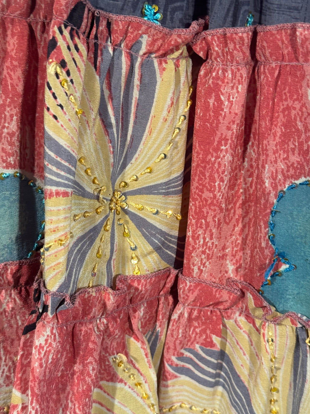 Katie Skirt by Silk Ranch in pink and blue print, elastic waist and tiers, Vintage silk and cold water washable