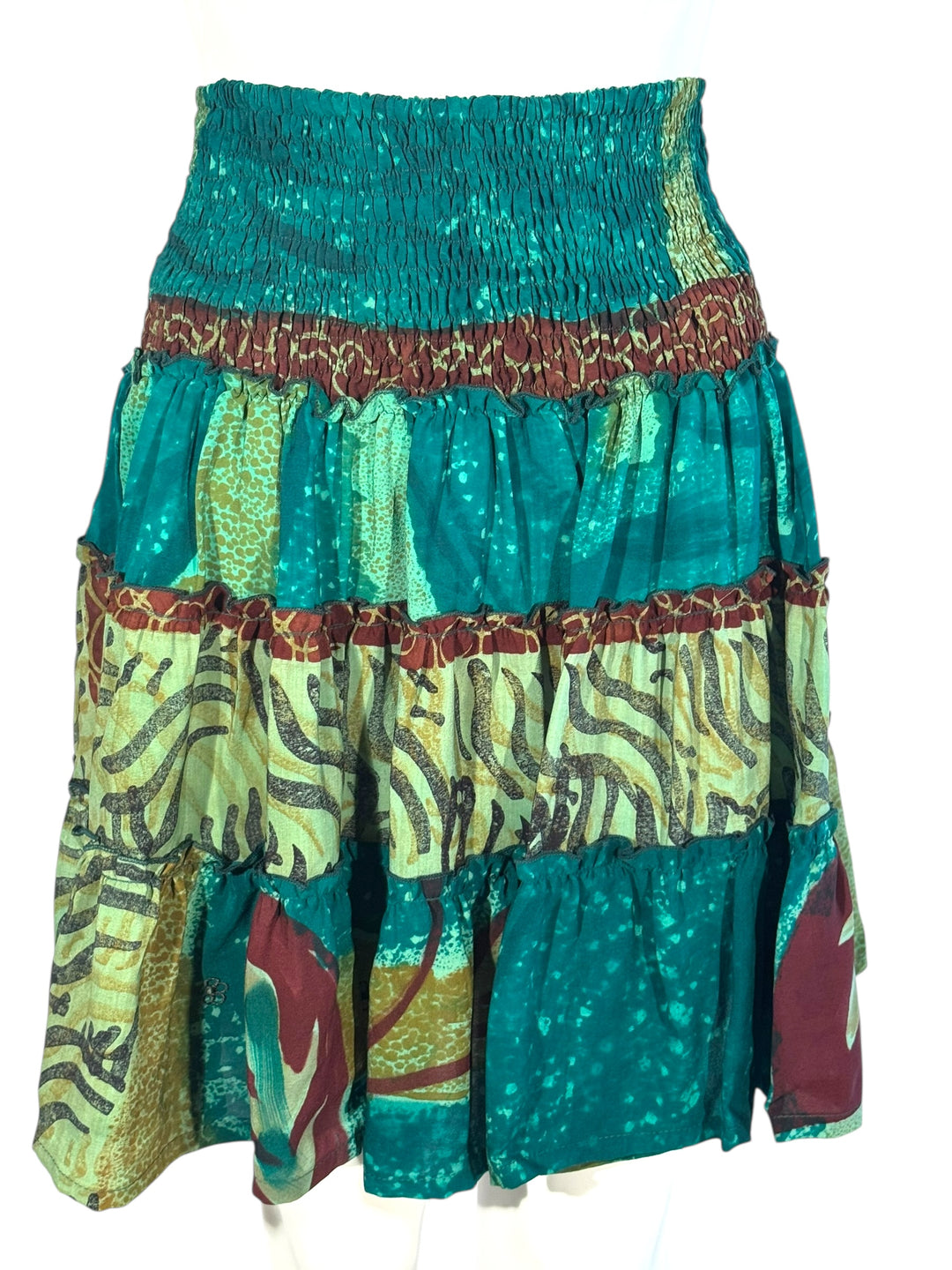 Katie Skirt by Silk Ranch in blue print, elastic waist and tiers, Vintage silk and cold water washable