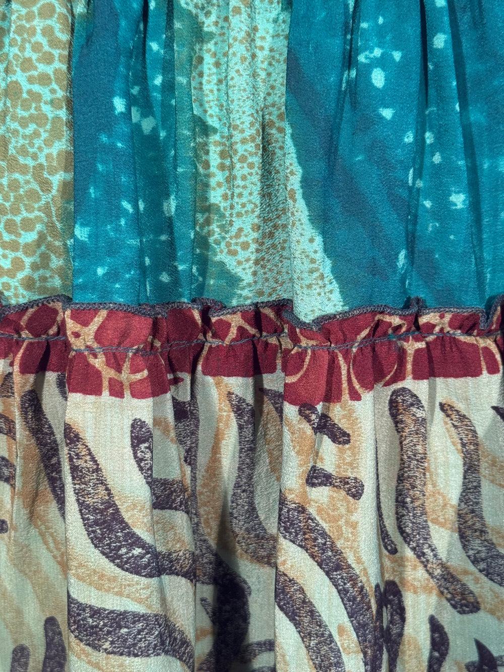Katie Skirt by Silk Ranch in blue print, elastic waist and tiers, Vintage silk and cold water washable