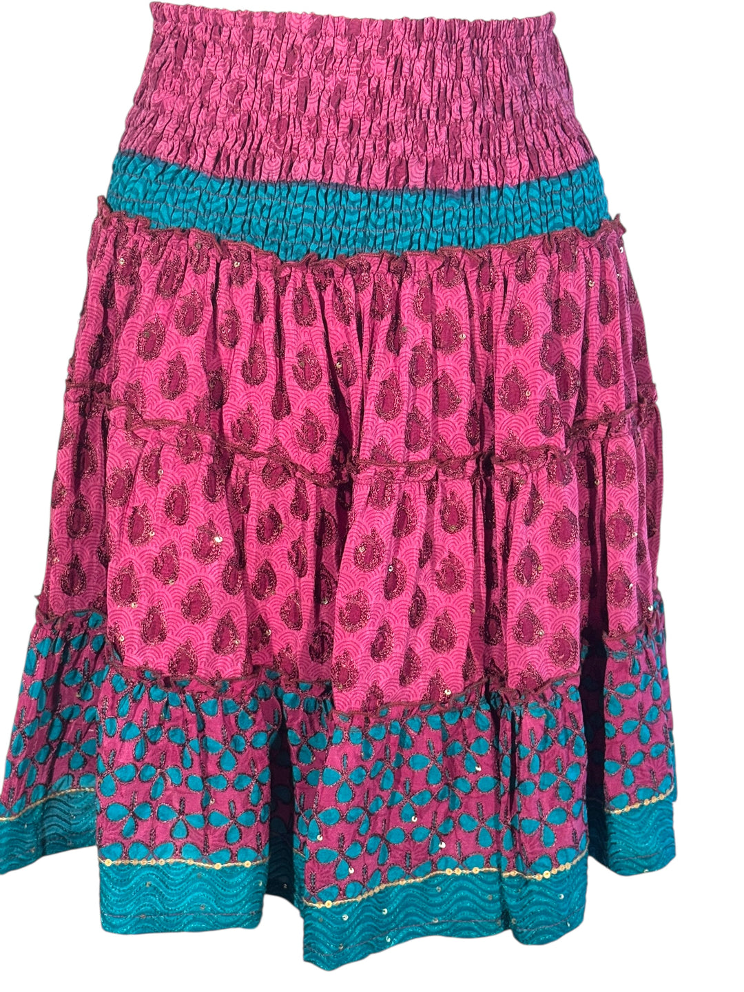 Katie Skirt by Silk Ranch in purple and teal blue print, elastic waist and tiers, Vintage silk and cold water washable