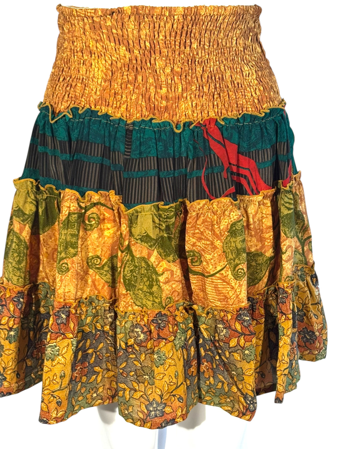 Katie Skirt by Silk Ranch in TAN and deep blue print, elastic waist and tiers, Vintage silk and cold water washable