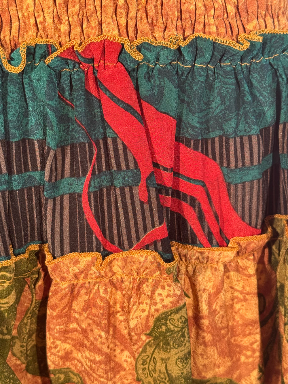 Katie Skirt by Silk Ranch in TAN and deep blue print, elastic waist and tiers, Vintage silk and cold water washable