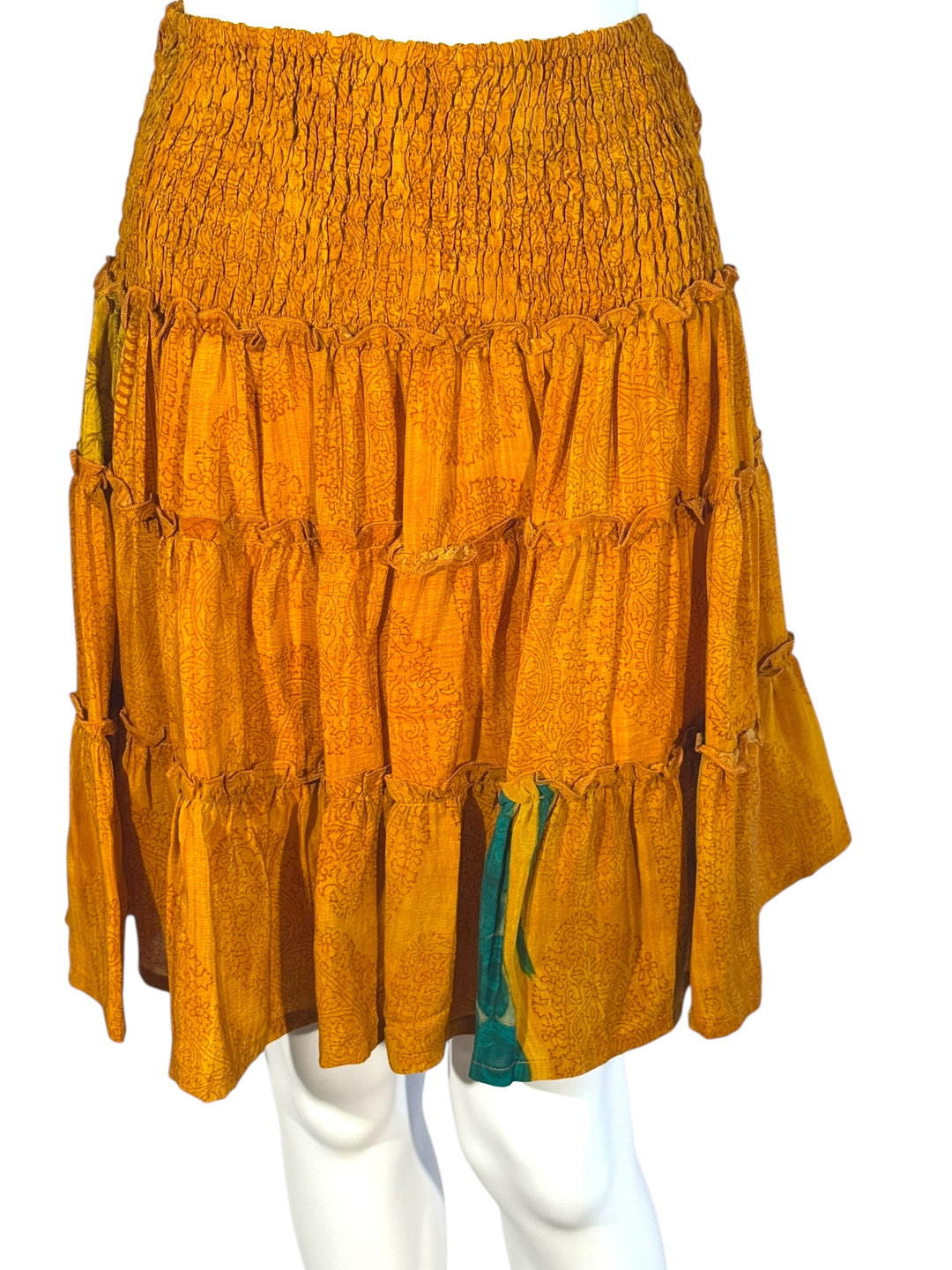 Katie Skirt by Silk Ranch in gold and one pop of blue print, elastic waist and tiers, Vintage silk and cold water washable