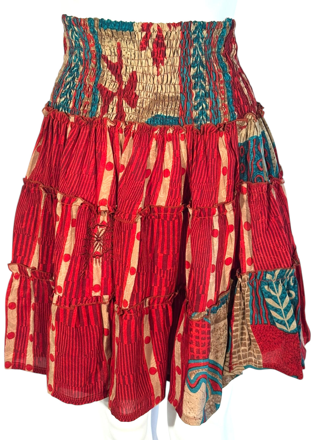 Katie Skirt by Silk Ranch in red and blue print, elastic waist and tiers, Vintage silk and cold water washable
