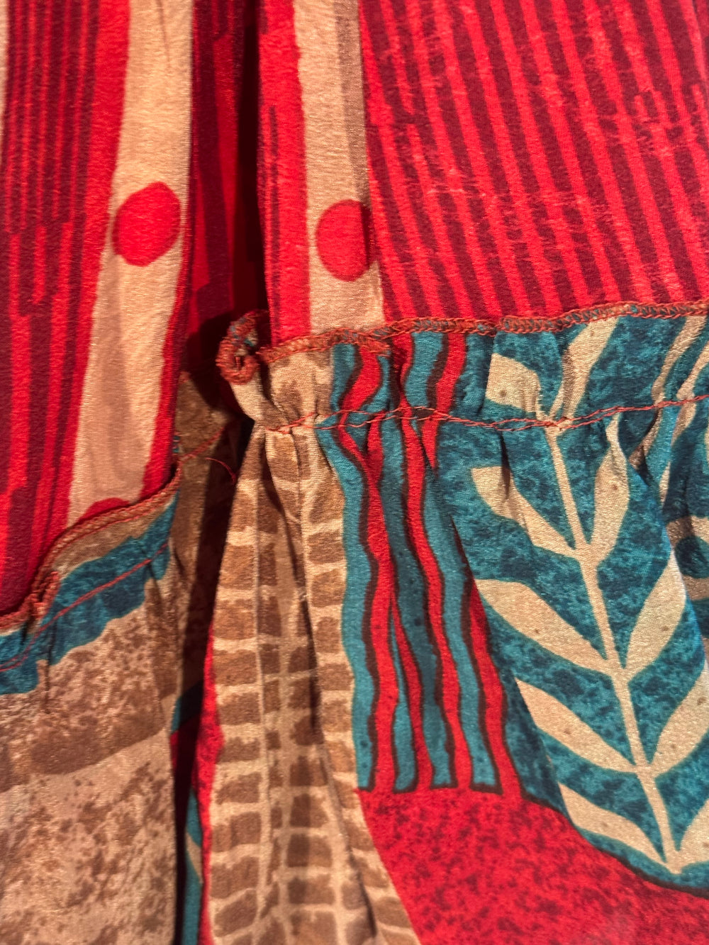 Katie Skirt by Silk Ranch in red and blue print, elastic waist and tiers, Vintage silk and cold water washable