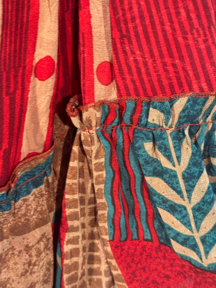 Katie Skirt by Silk Ranch in red and blue print, elastic waist and tiers, Vintage silk and cold water washable