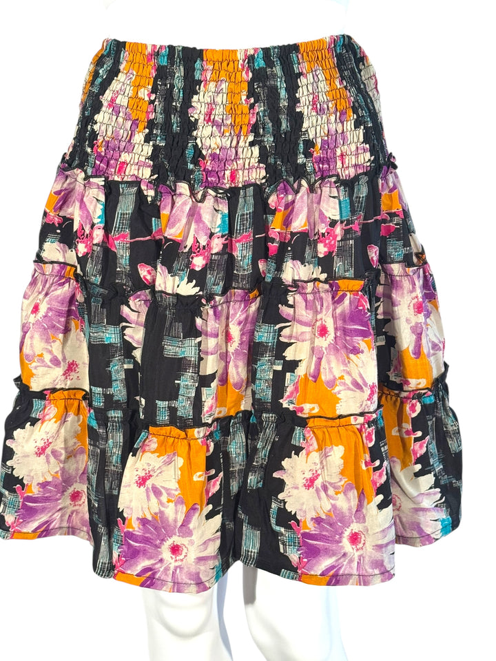 Katie Skirt by Silk Ranch in black and purple print, elastic waist and tiers, Crisp vintage silk and cold water washable 