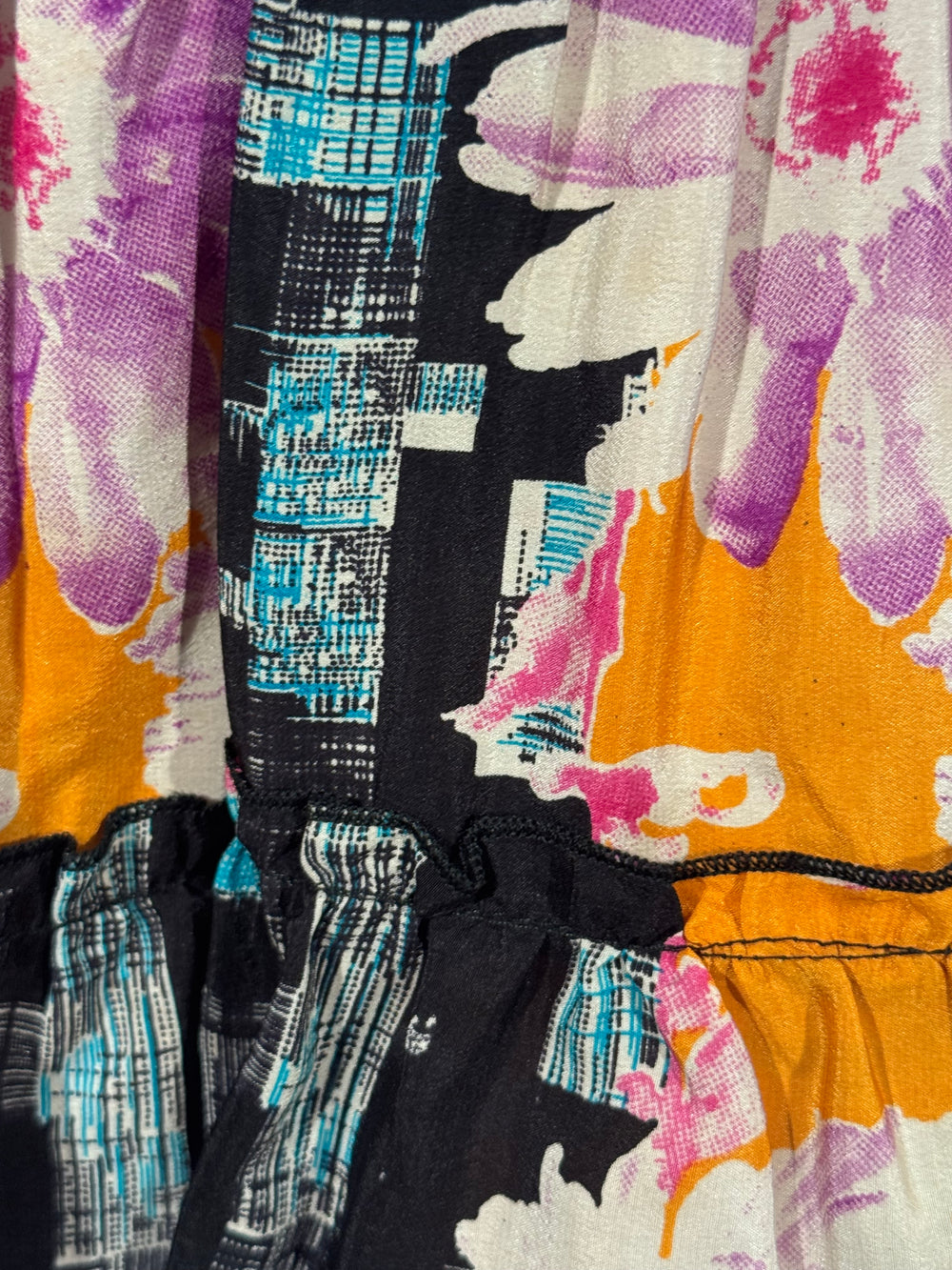 Katie Skirt by Silk Ranch in black and purple print, elastic waist and tiers, Crisp vintage silk and cold water washable 