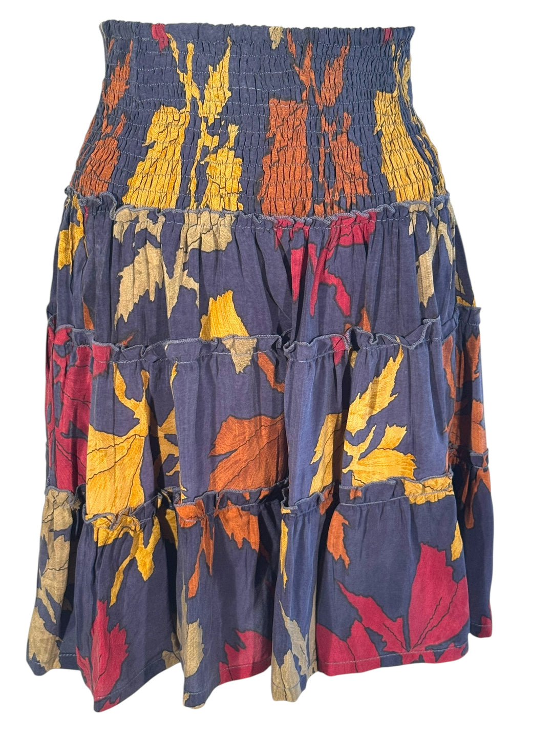 Katie Skirt by Silk Ranch in navy with yellow and red leaf print, elastic waist and tiers, Vintage silk and cold water washable
