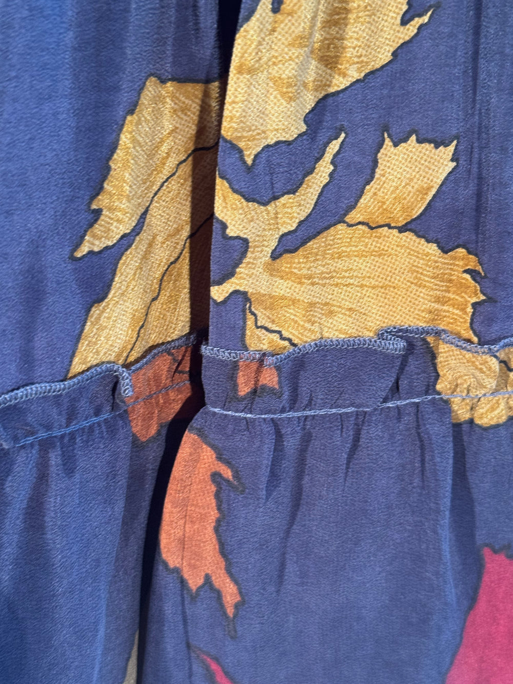 Katie Skirt by Silk Ranch in navy with yellow and red leaf print, elastic waist and tiers, Vintage silk and cold water washable