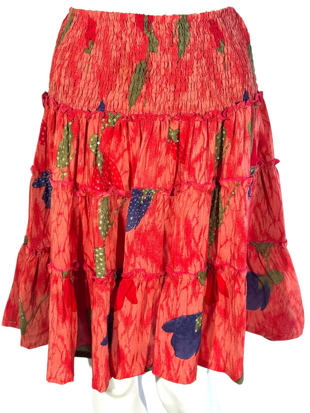 Katie Skirt by Silk Ranch in pink and big colorful, sequined print, elastic waist and tiers, Vintage silk and cold water washable