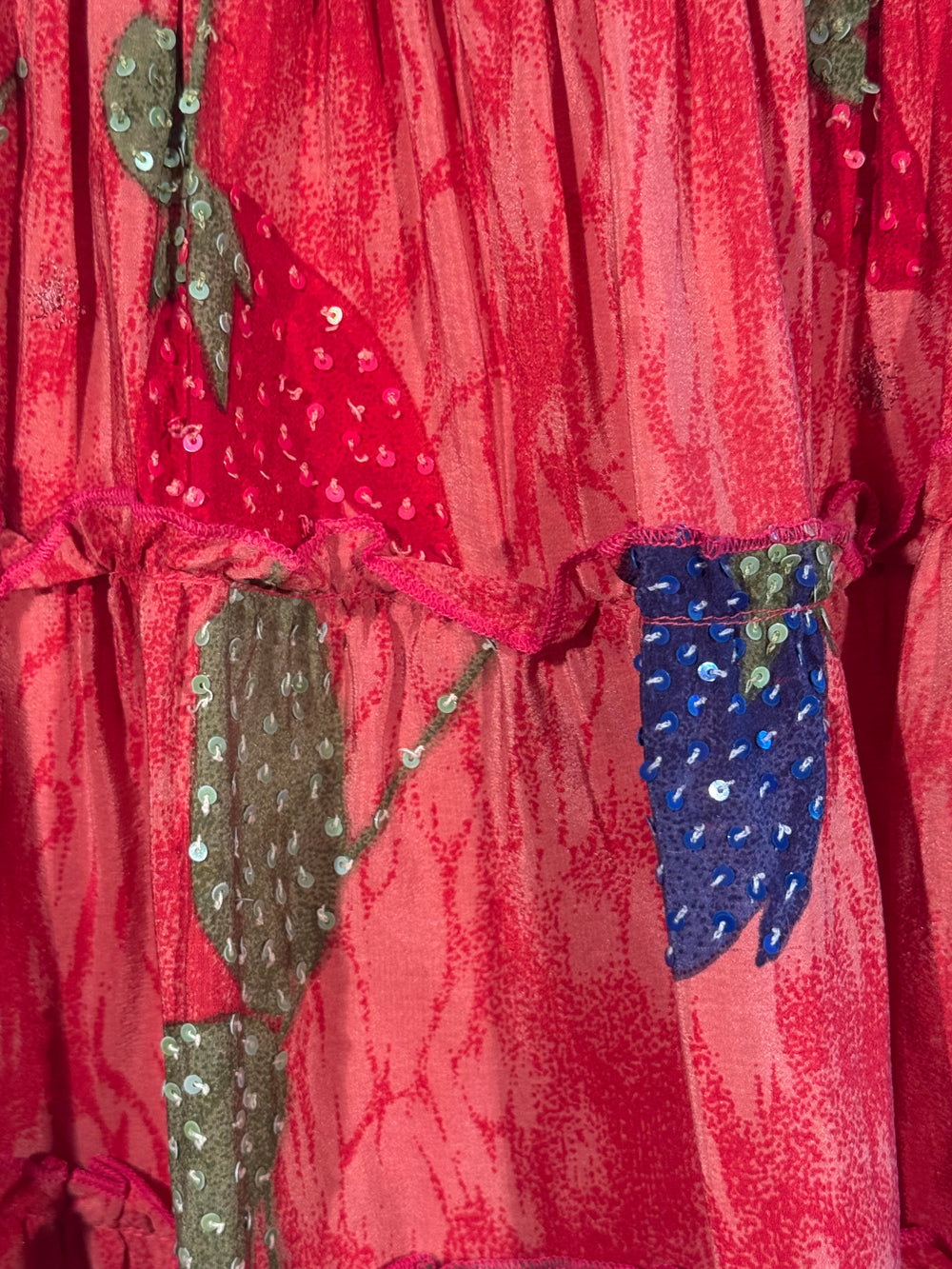 Katie Skirt by Silk Ranch in pink and big colorful, sequined print, elastic waist and tiers, Vintage silk and cold water washable