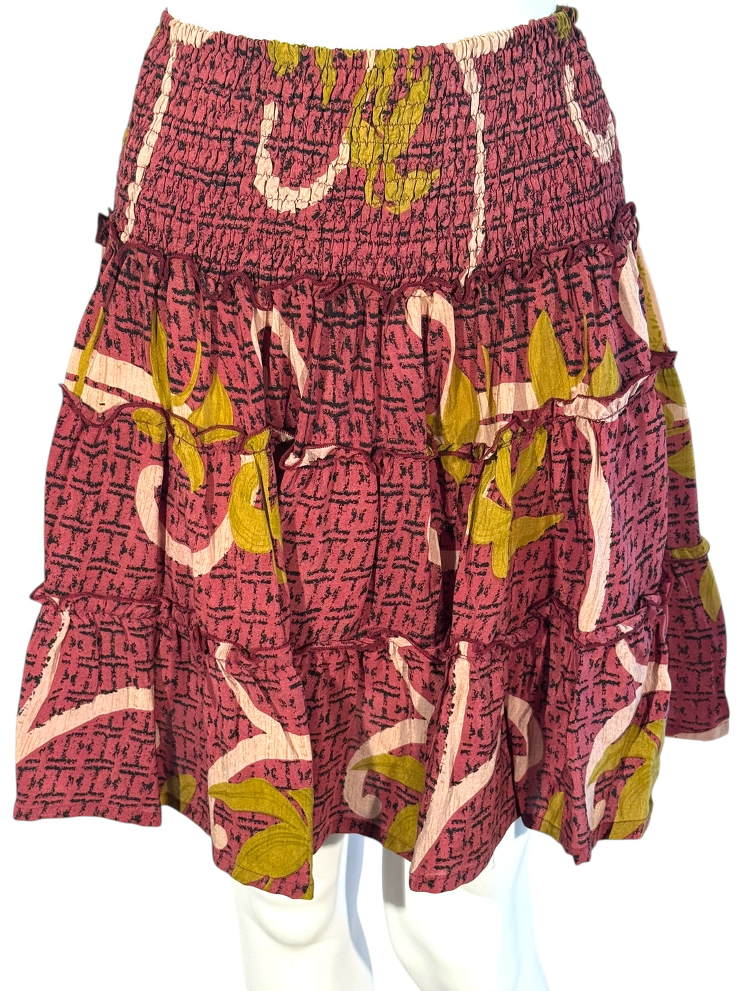 Katie Skirt by Silk Ranch in rose pink and yellow print, elastic waist and tiers, Vintage silk and cold water washable