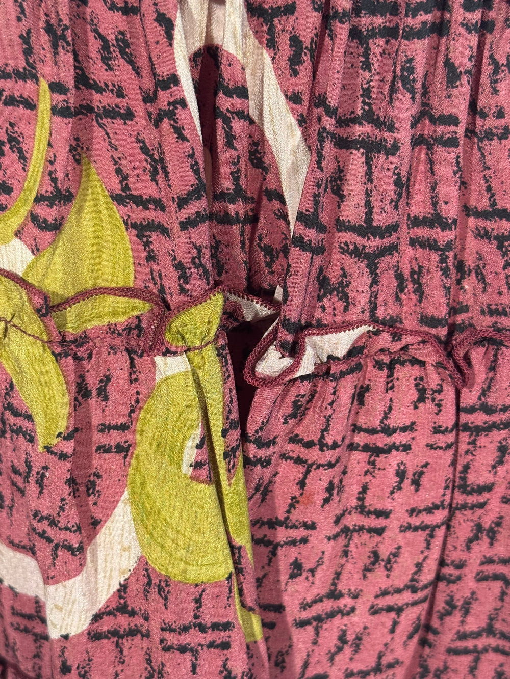 Katie Skirt by Silk Ranch in rose pink and yellow print, elastic waist and tiers, Vintage silk and cold water washable