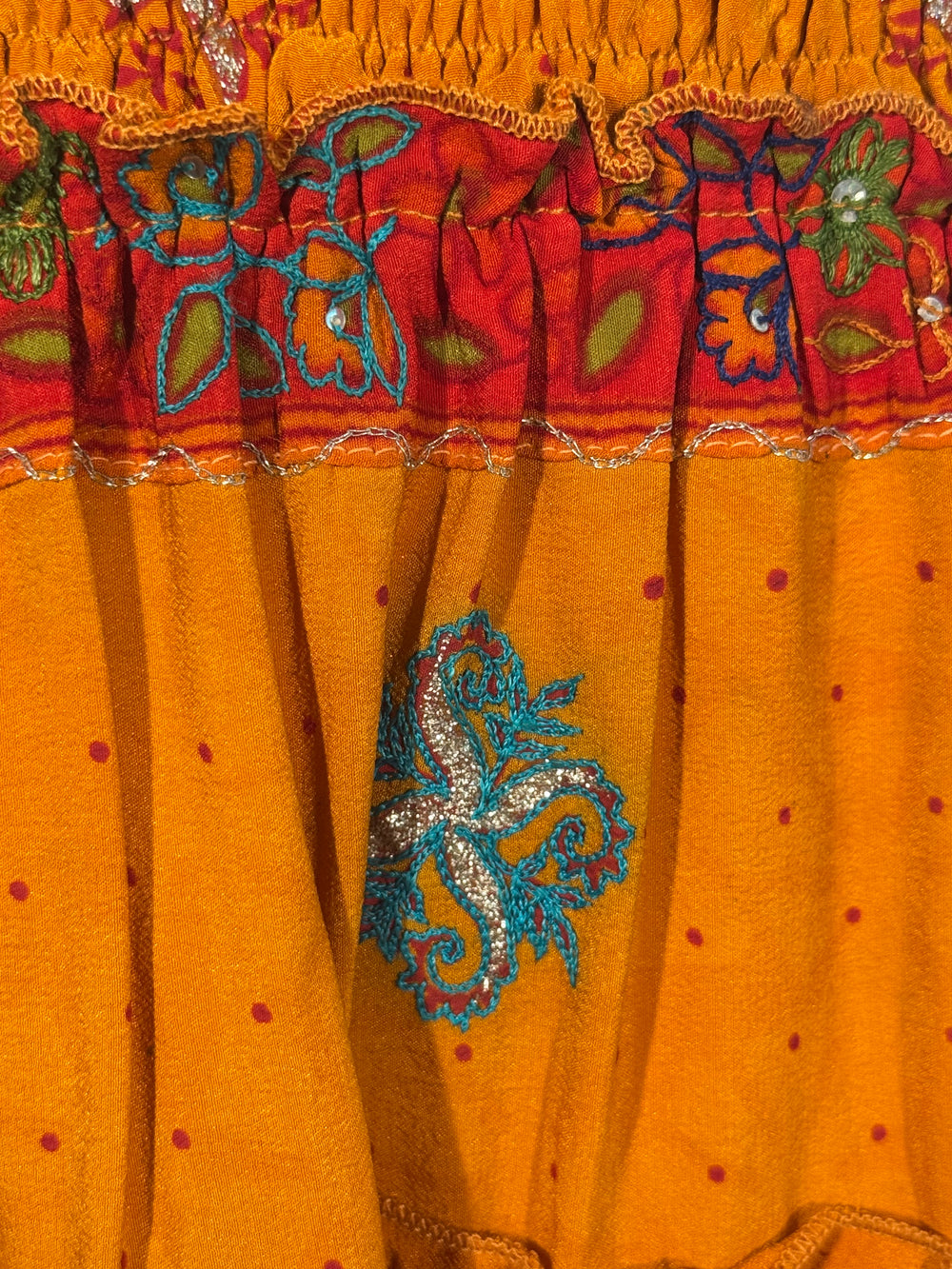 Katie Skirt by Silk Ranch in Orange-yellow and colorful embroidered print, elastic waist and tiers, Vintage silk and cold water washable