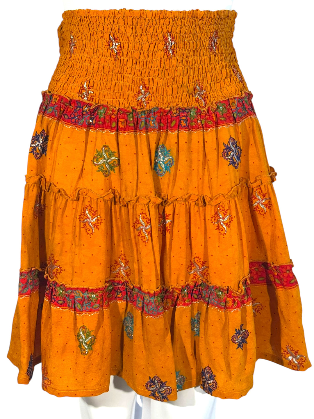 Katie Skirt by Silk Ranch in Orange-yellow and colorful embroidered print, elastic waist and tiers, Vintage silk and cold water washable