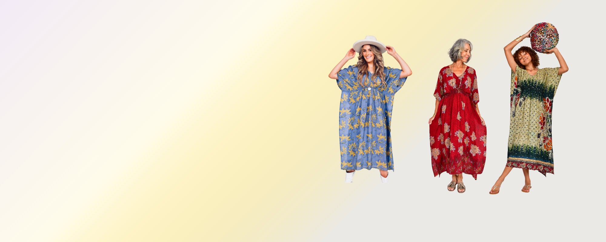 Three women wearing patterned silk kaftans on a gradient background