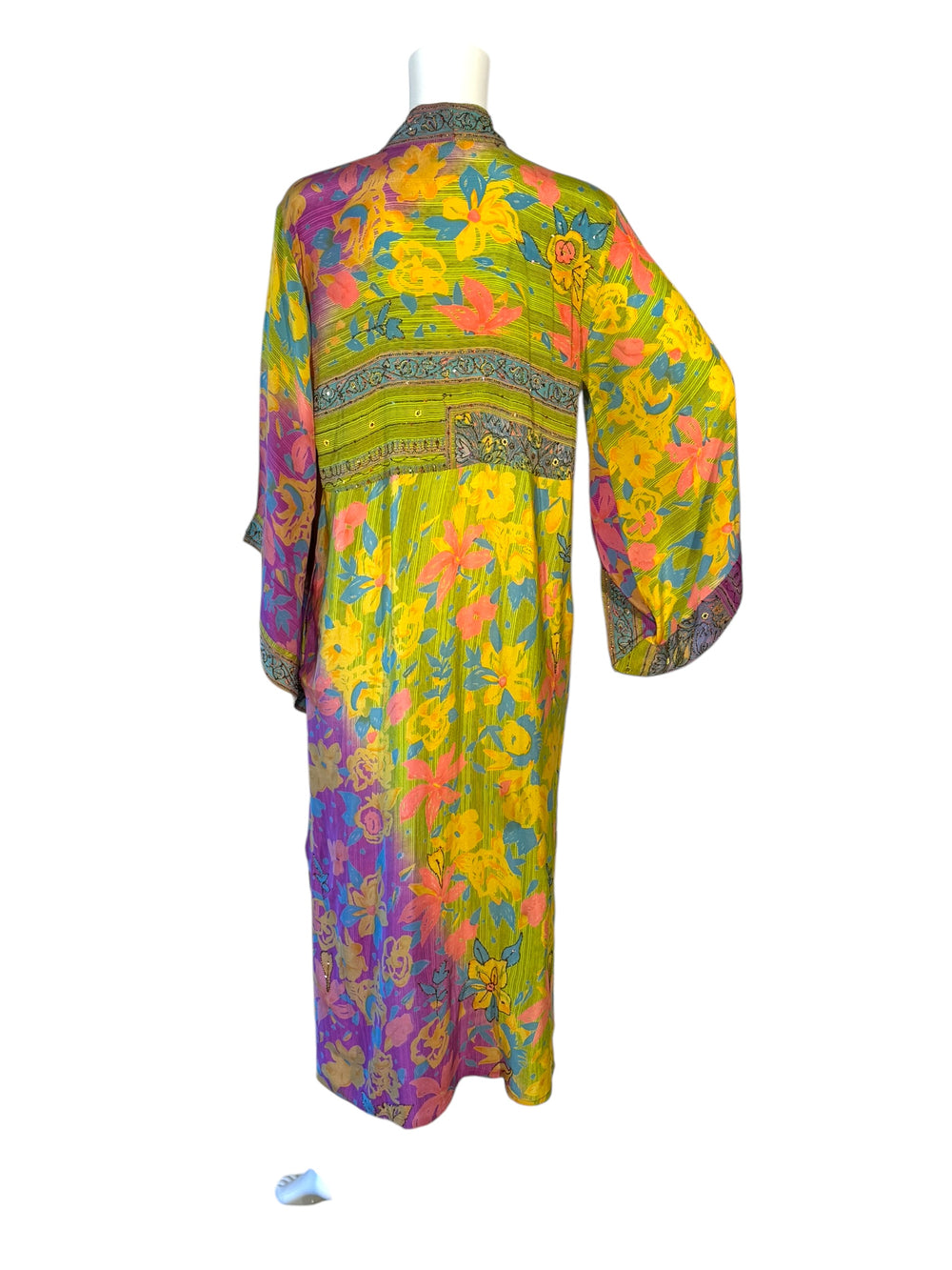 Back view of kimono in bright green with yellow pink and blue vintage silk floral with metallic embroidery 