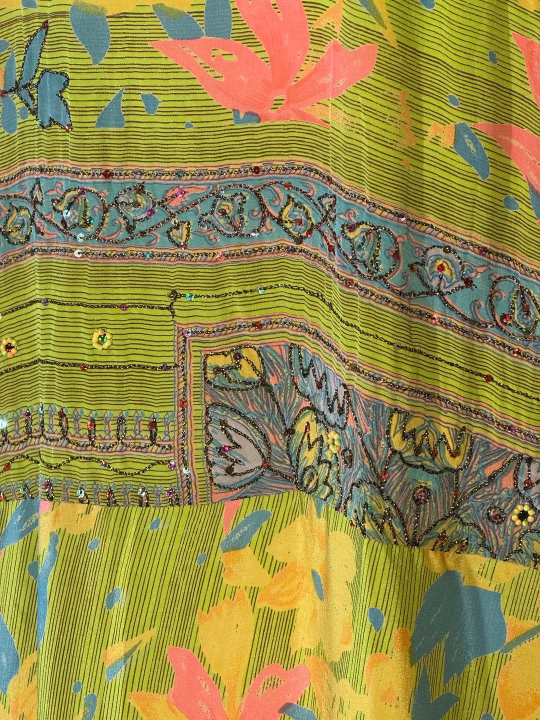 Bright green with yellow pink and blue vintage silk floral with metallic embroidery 