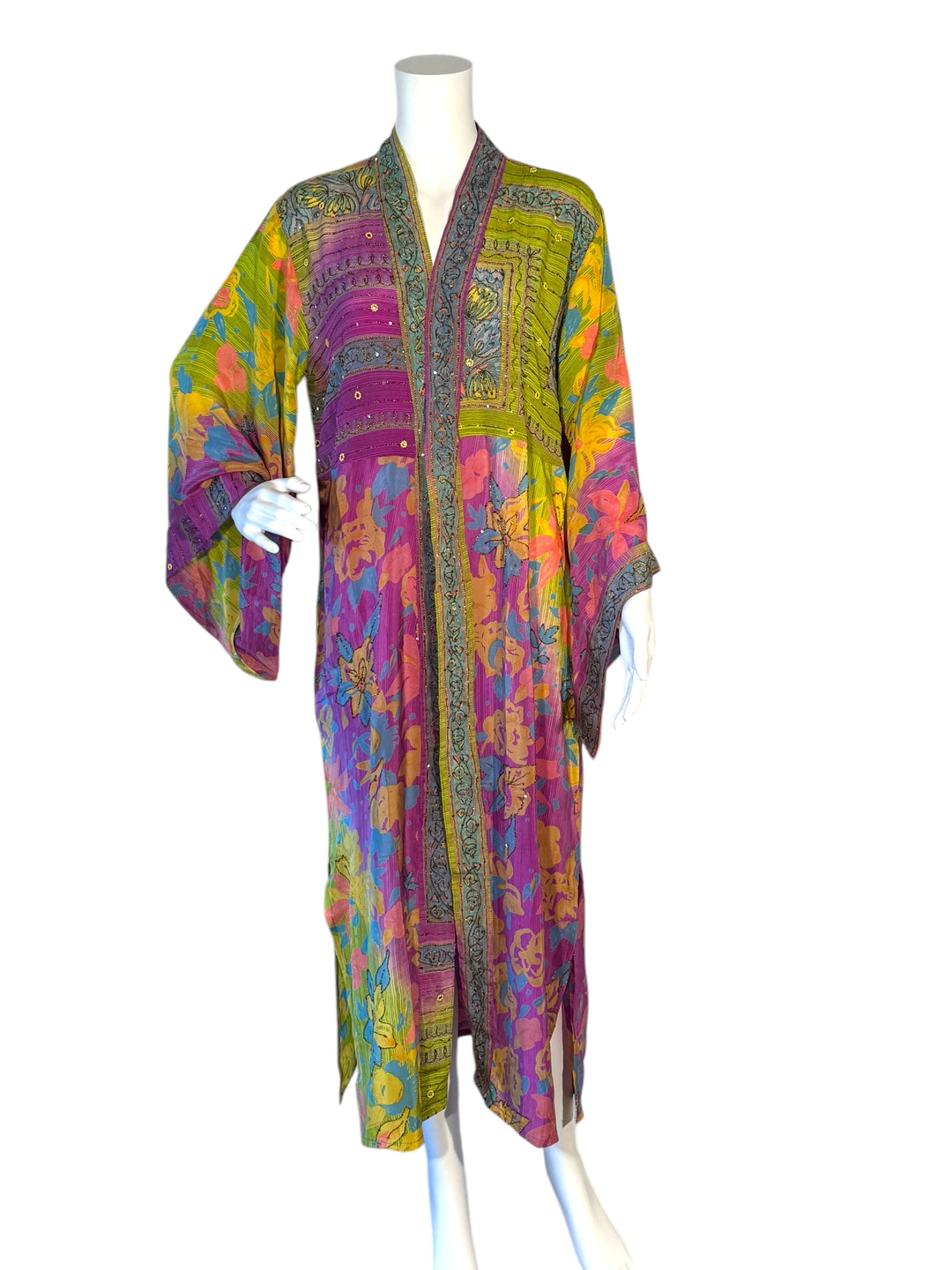 Front view of kimono in bright green with yellow pink and blue vintage silk floral with metallic embroidery 