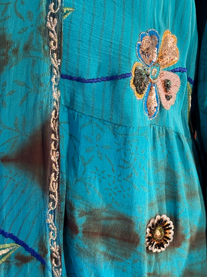 Blue dip dye vintage silk with embroidered flowers and gold thread