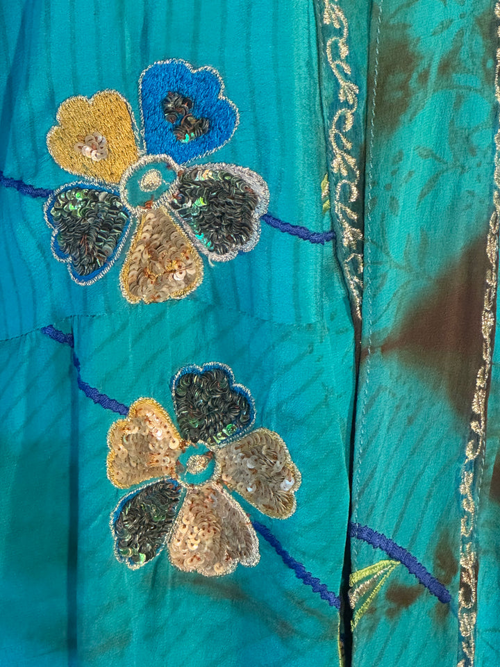 Blue dip dye vintage silk with embroidered flowers and gold 