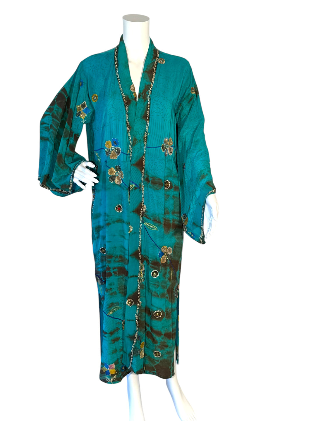 Front view of kimono in blue dip dyed vintage silk with embroidered flowers and golden threads