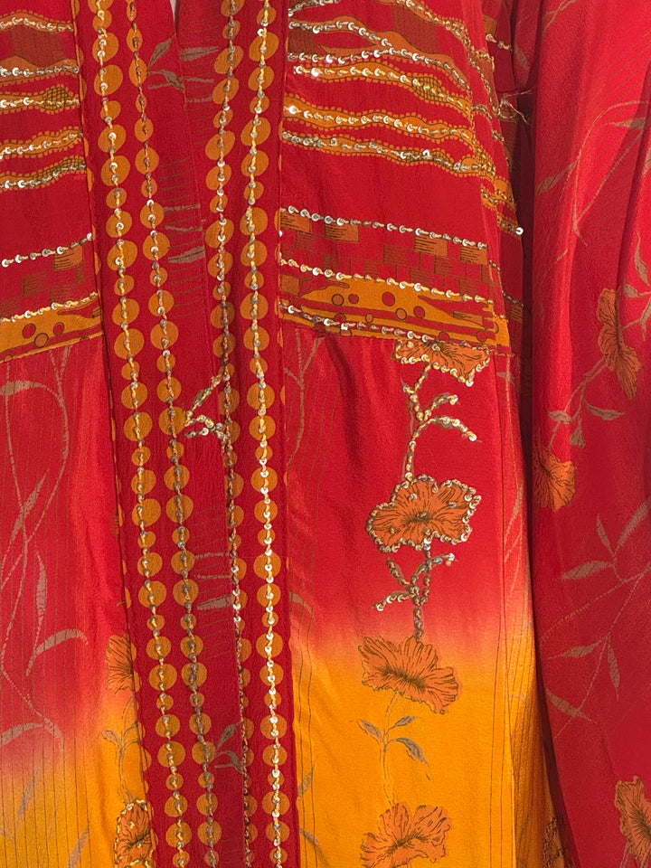 Yellow and red  vintage silk with floral pattern and metallic embroidery 