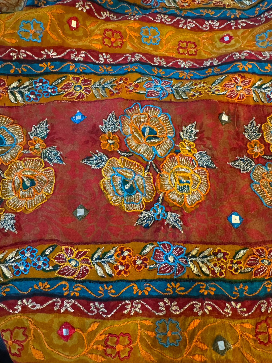 Orange and red vintage silk with multi color floral embroidery and mirroring