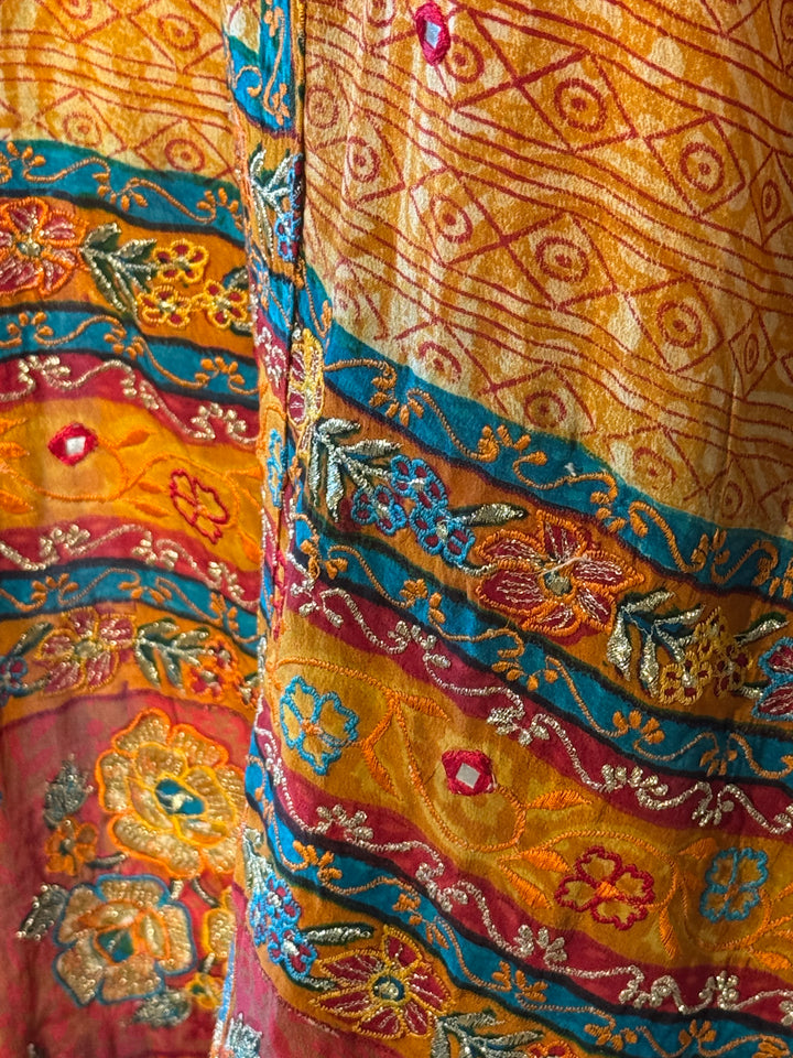 Orange and red vintage silk with multi color floral embroidery and mirroring