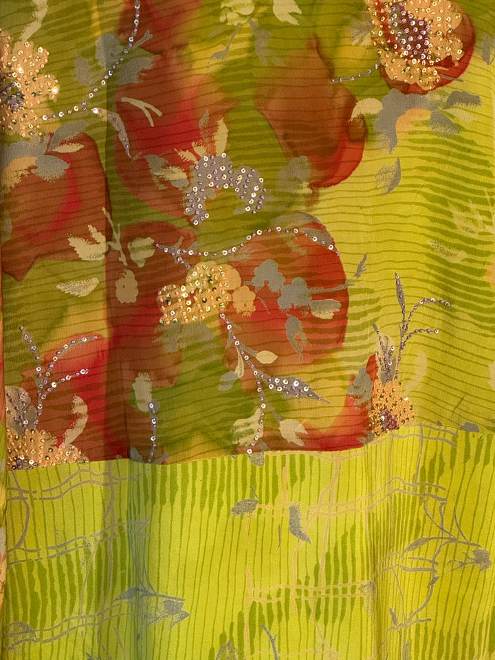 Yellow green vintage silk with red floral print and silver embroidery 