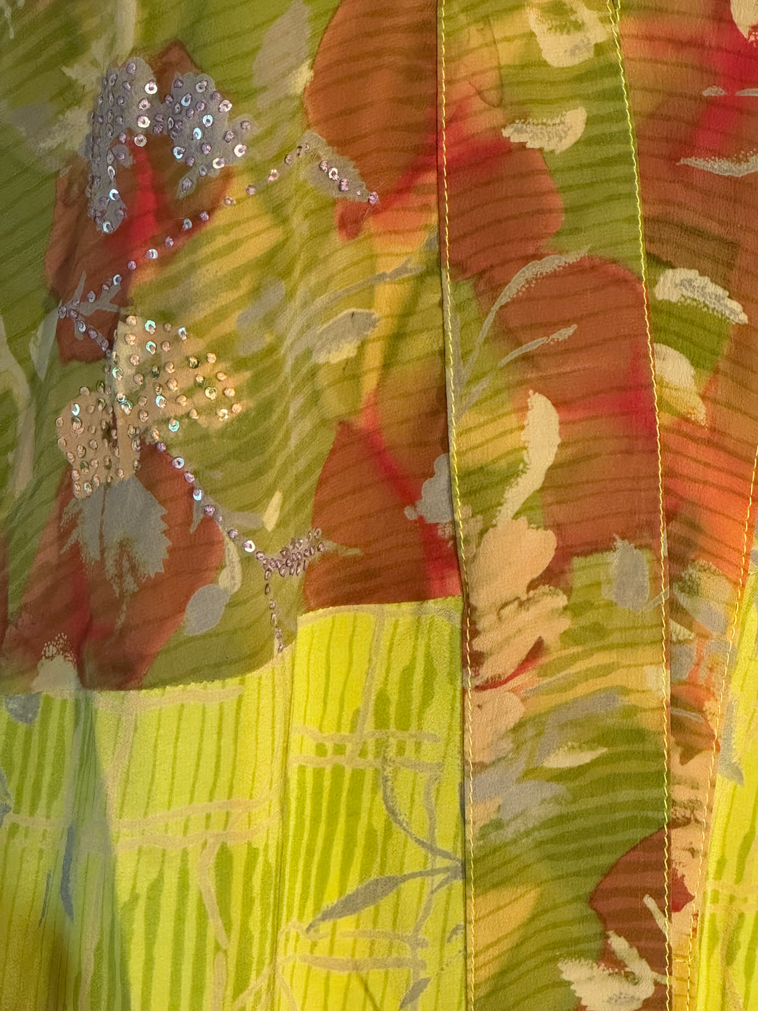 Yellow green vintage silk with red floral print and silver embroidery 