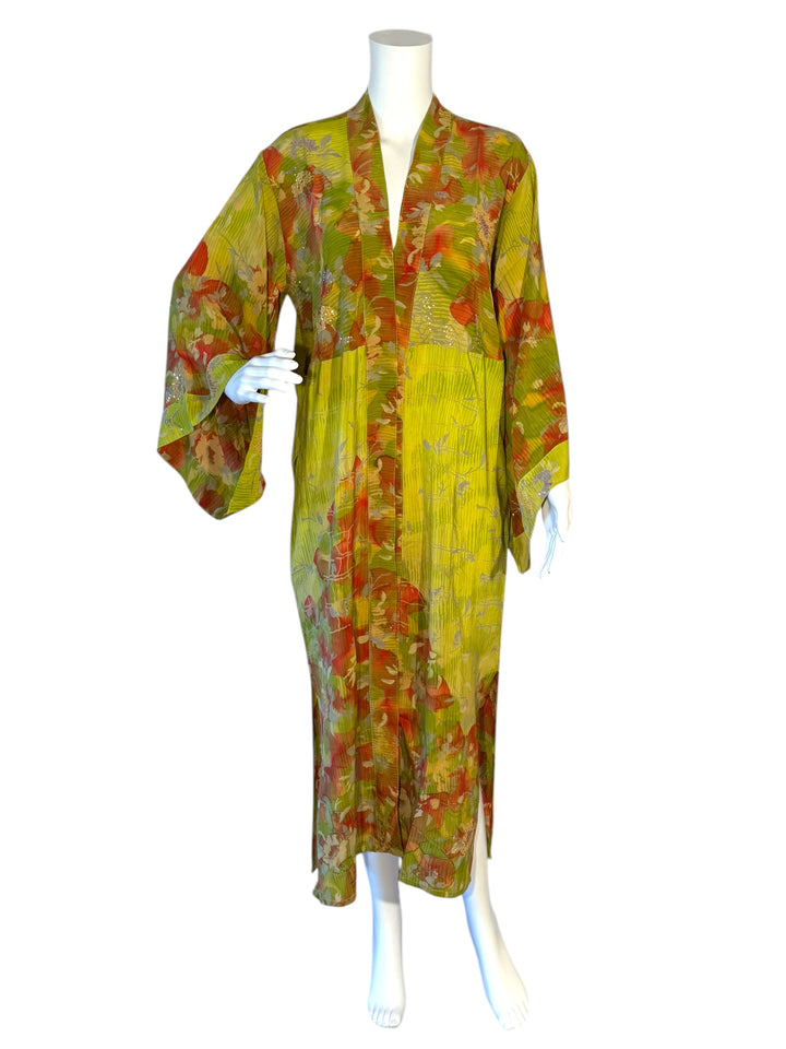 Front view of kimono in yellow green vintage silk with red floral print and silver embroidery 