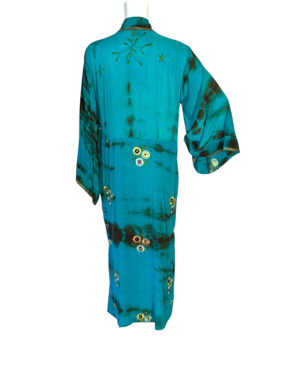 Back view of kimono in blue dip dyed vintage silk with colorful embroidered flowers and faux jewels