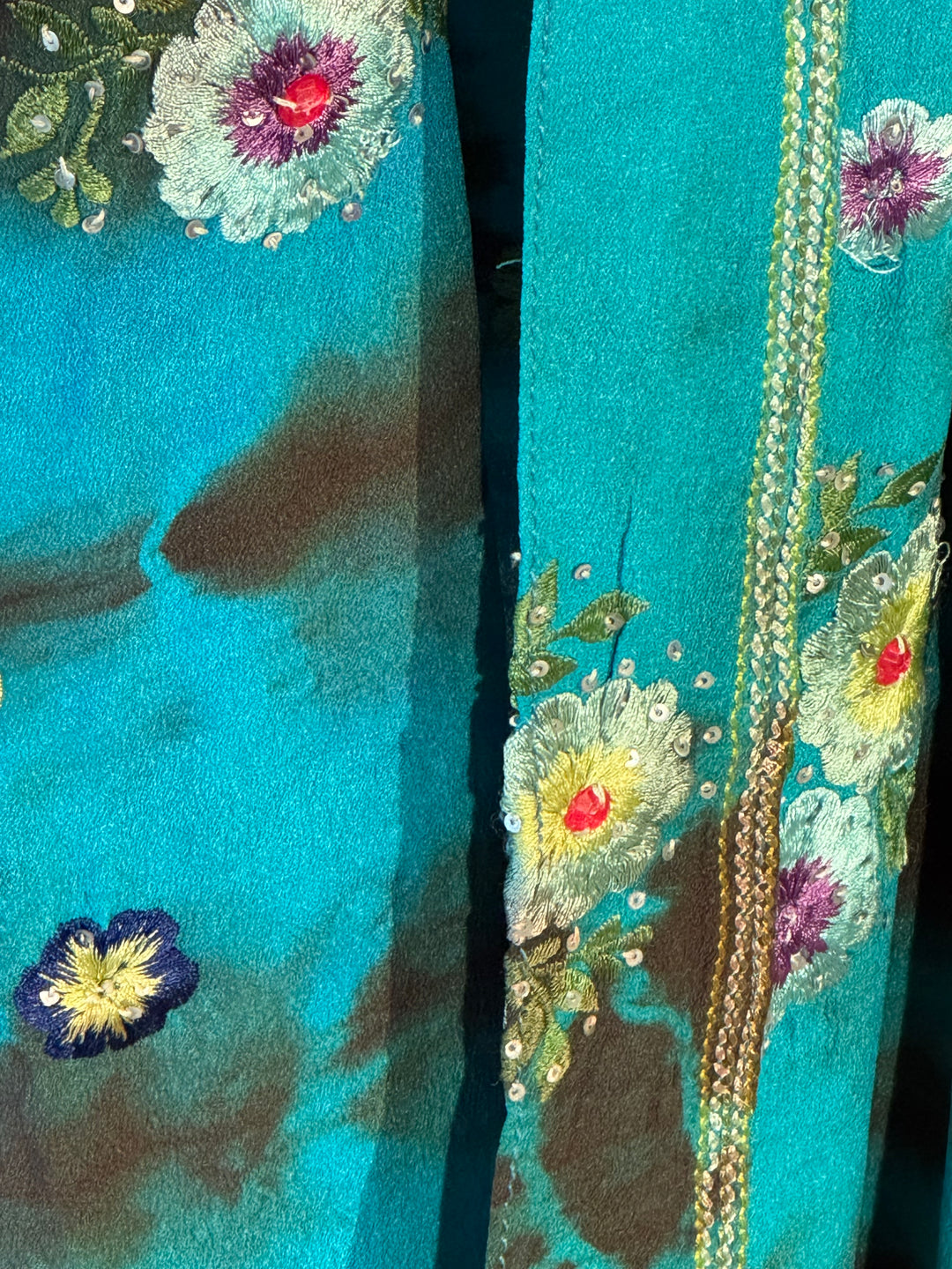 Blue dip dyed vintage silk with colorful embroidered flowers and faux jewels