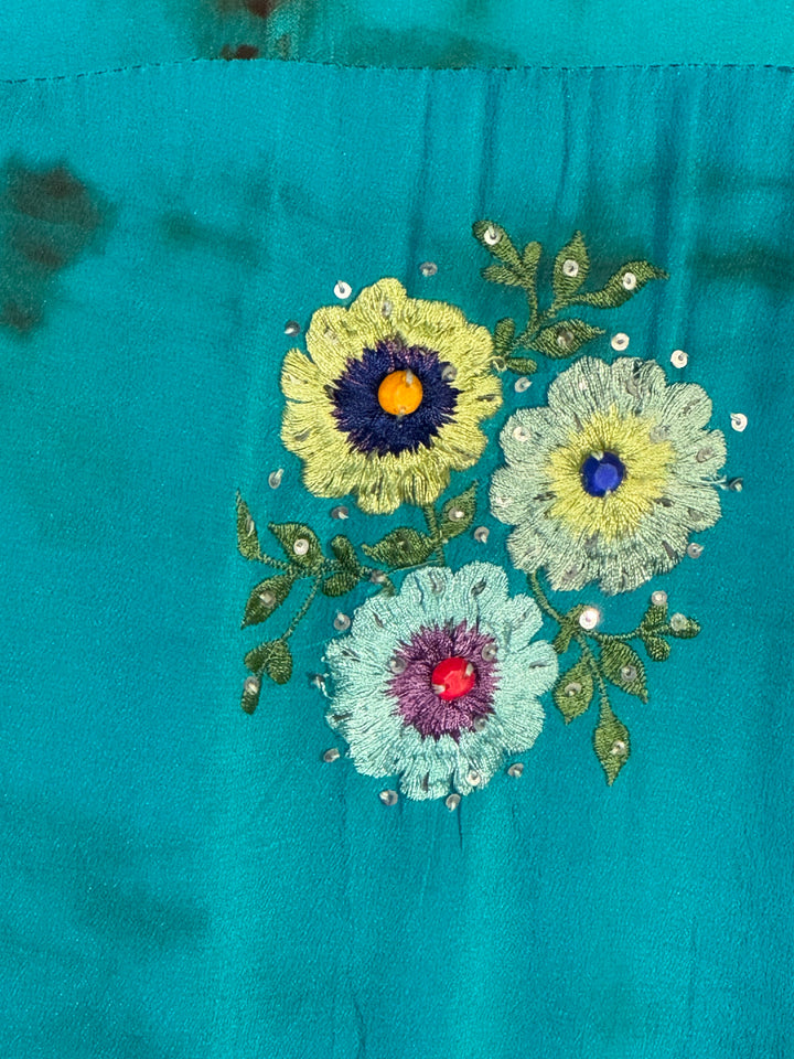 Blue dip dyed vintage silk with colorful embroidered flowers and faux jewels